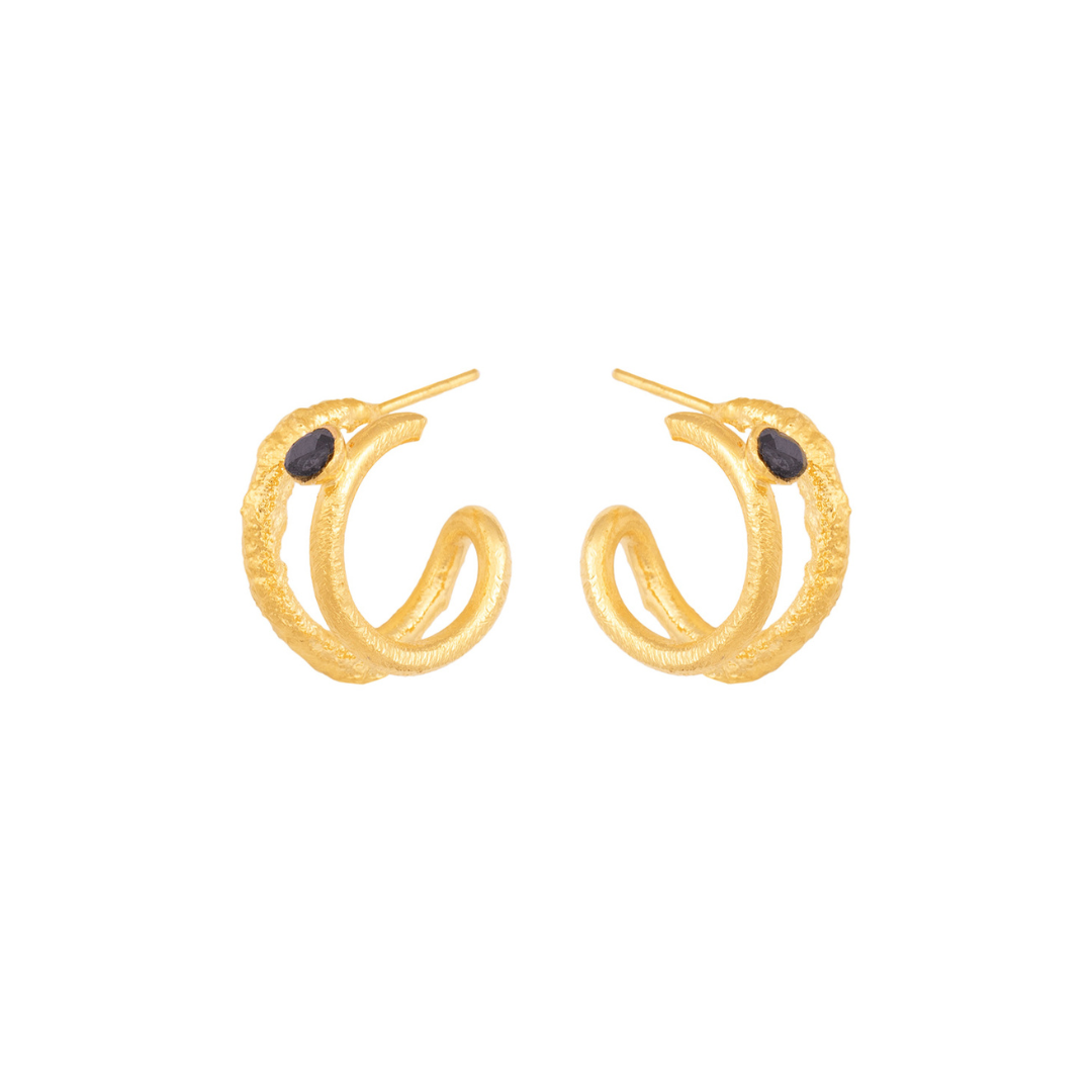 The Noela Hoop earrings are handmade by Colombian artisans in bronze with 24-karat gold plating and zirconia
